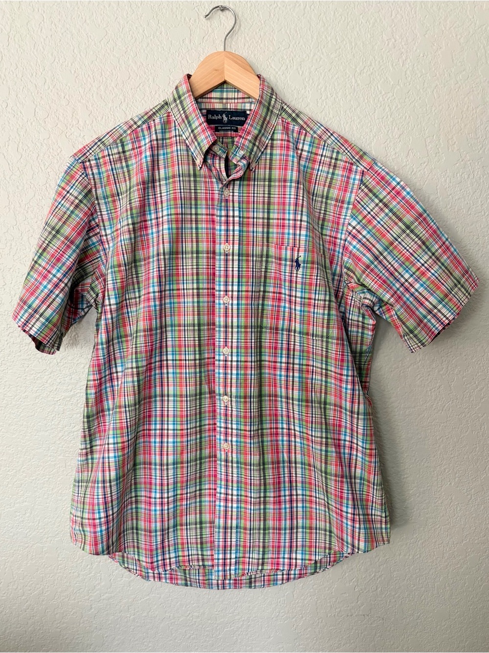 Ralph Lauren Classic Fit Short Sleeve Plaid Button-Down Shirt Green, Pink, Blue